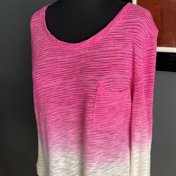 Zobha dip dye marled ombré pink/white burnout open chiffon back knit front top - Picture 3 of 9